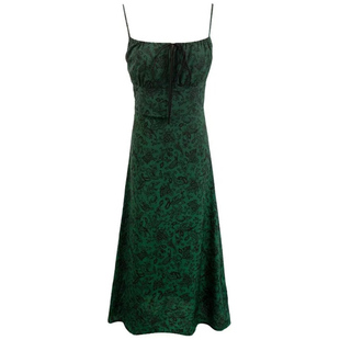 【包邮】法式墨绿色复古碎花吊带裙女胸前系带显瘦收腰度假连衣裙