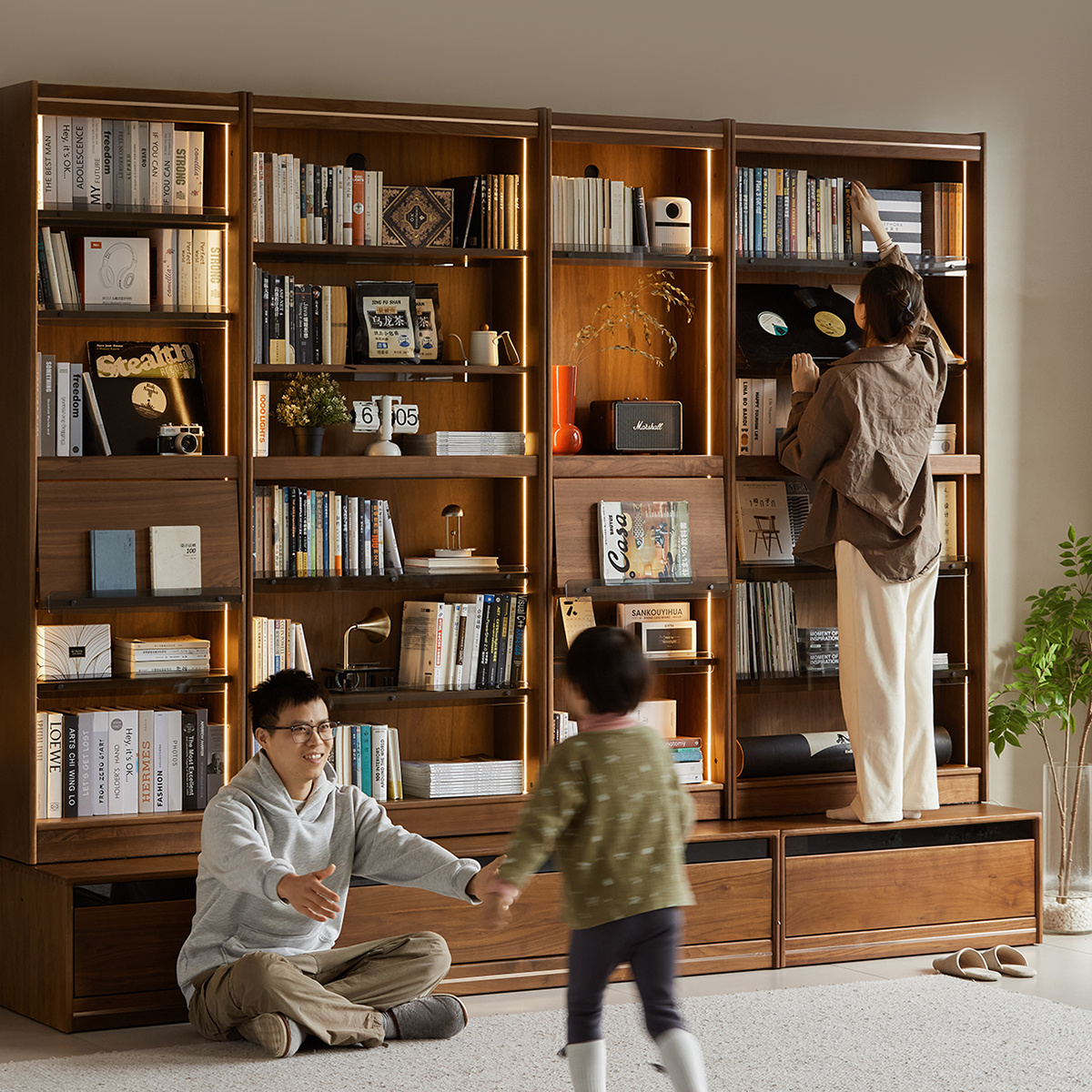 续写家俱书柜黑胡桃木一体整墙客厅落地卡座组合实木满墙书柜和序