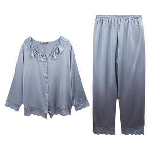 美标真丝睡衣女士长袖套装花边100%桑蚕丝家居服套装19姆米重磅款