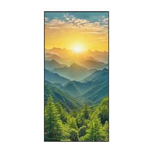 旭日东升入户玄关装饰画森林风景手绘油画正对门挂画日出东方壁画