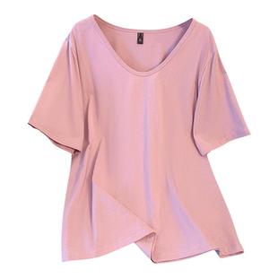 大码女装t恤深V领全棉短袖宽松遮肚子大版上衣200斤胖mm纯棉体恤