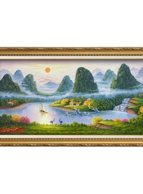纯手绘新中式聚宝盆仙鹤油画