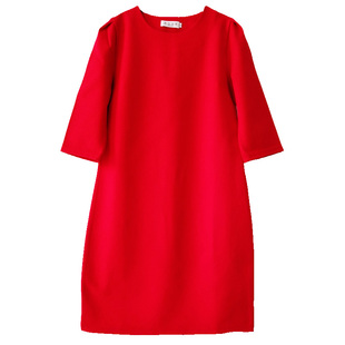 春秋直筒简约七分袖圆领中长弹力遮肚显瘦婚庆宴会红色本命年女装