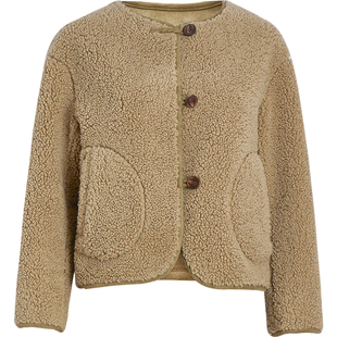 qs秸熙冬季新款驼色保暖毛绒皮毛一体短外套羊羔绒加厚显瘦上衣女