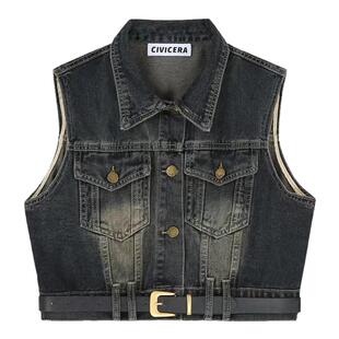 复古洋气牛仔马甲背心女春夏韩系小飞袖宽松减龄坎肩短款上衣外套