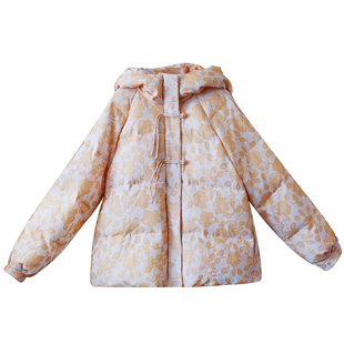 现货【橘雾玫瑰】复古连帽短款羽绒服女士冬季精致压花加厚白鸭绒