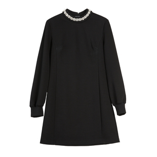 【自营】ELLE黑色重工钻链长袖连衣裙女2026春新款气质直筒小黑裙