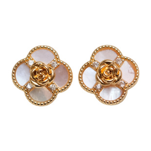 《香榭丽舍》复古轻奢法式贝壳山茶花朵精致金色耳钉耳夹耳饰耳环