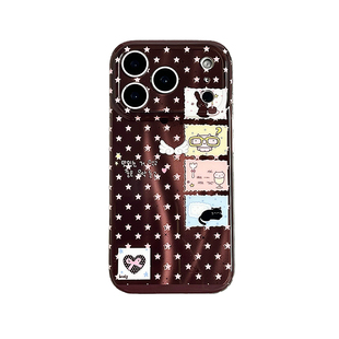 韩文棕底满屏粉色星星图案适用苹果17promax手机壳iphone16pro新款15带挂绳14透明13女17全包防摔保护套p小众