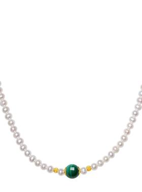 周六福淡水珍珠项链女孔雀石珍珠链坠S925银优雅送女友本命年礼物