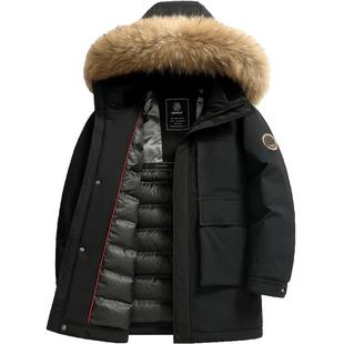 雪中飞连帽大毛领羽绒服男中长款冬季外套厚实耐磨保暖抗寒派克服