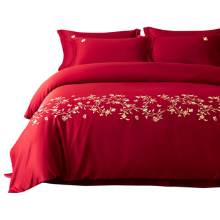 红豆高端结婚床上四件套非纯棉全棉婚嫁被套床单婚庆红色喜被婚房