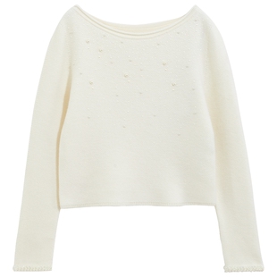 bebe冬季女士含羊毛仿珍珠装饰花边千金风高级套头针织上衣430525