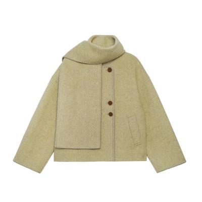 围巾一字绣双面呢短外套