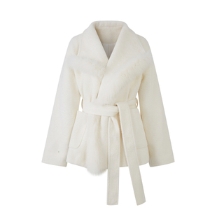 ByYou 真狐狸毛大翻领白色仿水貂毛环保皮草外套女冬收腰加厚大衣