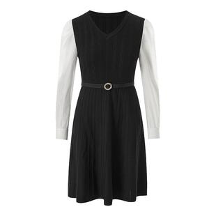 LIME莱茵年早春新款针织连衣裙黑白拼色收腰长袖泡泡袖裙装