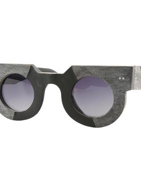 日本风手工铆钉饰圆形凹凸不平宽边框粗糙哑光黑色牛角太阳镜墨镜