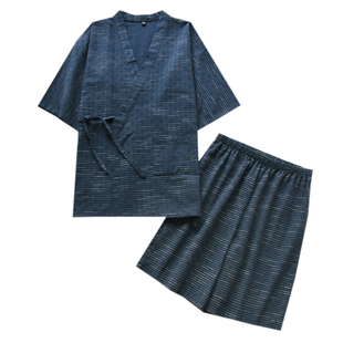 日式和服睡衣男士纯棉棉布提花宽松薄款短袖短裤汗蒸家居服套装