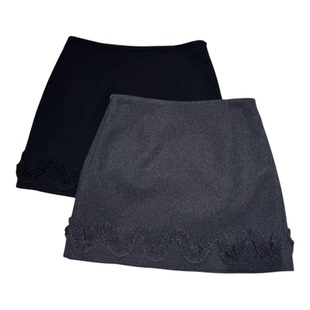 欧洲站欧货下摆木耳边半身裙女a字裙羊毛料裙裤秋冬花边毛呢短裙