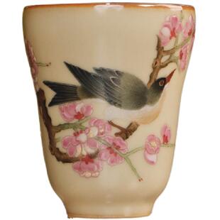 熙物堂汝窑黄玉手工茶器主人杯古画手绘闻香杯喜上眉梢玉兰杯