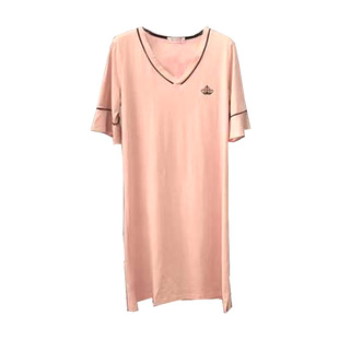 莉安琪正品春夏新款百分纯棉V领套头中长女连体裙睡衣家居服