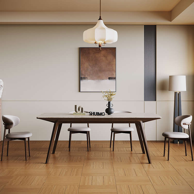 德利丰洞石帆船实木餐桌法式奶油复古现代简约意式胡桃色餐桌椅子