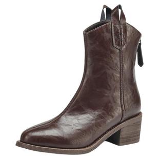 星期六棕色靴子美拉德尖头西部牛仔靴女复古中筒短靴高跟皮靴女靴