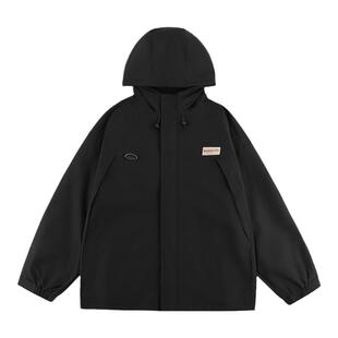 GOOZI MADE 黑色仿冲锋衣男春季登山服日系防水连帽工装夹克外套