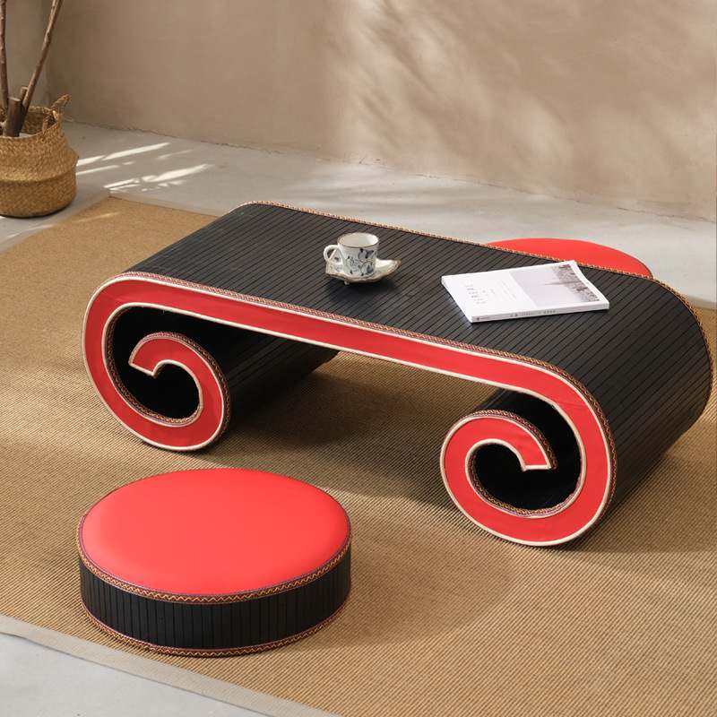 实木骨架国学桌碳化染色桌茶几竹片简约现代风茶桌窗飘编织榻榻米