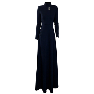 藏蓝色修身立领长裙2025重要场合超好看的冬装连衣裙加绒加厚263