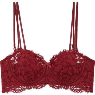 红色内衣女抹胸套装结婚新娘无肩带蕾丝防下垂薄款大胸显小文胸罩