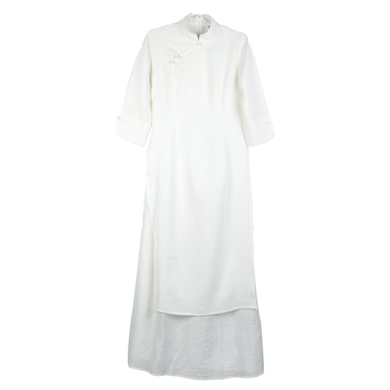 冥想白色棉麻瑜伽服连衣裙套装盘扣古典国风禅修服居士服中长茶服
