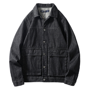 美式复古短款刺绣工装牛仔外套男款黑色春秋潮牌外贸男装丹宁夹克