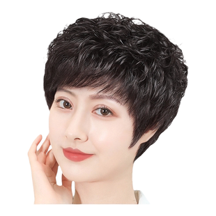 假发全头套女士中老年短发真发全真人发妈妈款短卷发手织轻薄发套