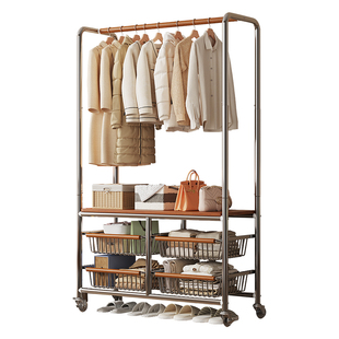 房间挂衣架可移动晾衣架落地卧室衣帽架子中古风室内收纳衣服置物