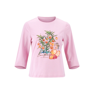 马天奴女装夏季新款粉红棉质刺绣印花T恤圆领七分袖上衣时尚百搭