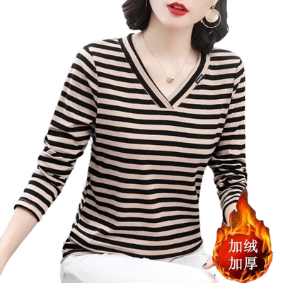 长袖V领加绒加厚条纹T恤