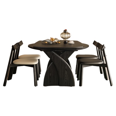 黑色复古风实木岩板伸缩餐桌中古