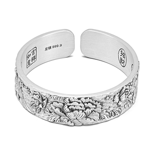 航达银匠 手工宽版浮雕实心开口银手镯足银9999牡丹花妈妈款镯子