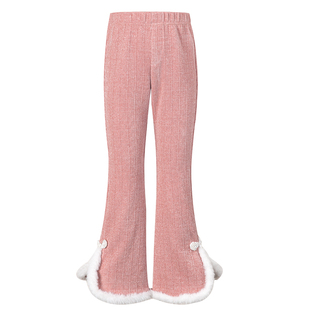 LittleNaive女童中式休闲裤冬新款亮丝长裤儿童毛毛边国风喇叭裤