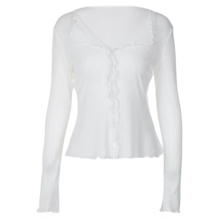 gusty韩系纯欲辣妹轻薄透视罩衫长袖防晒上衣纯色百搭木耳边T恤秋