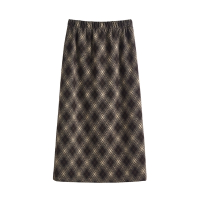 复古软糯格子毛呢开叉直筒半身裙