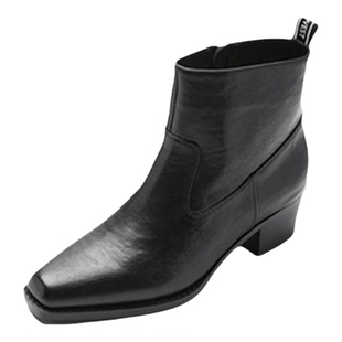 Nine West/玖熙粗跟基础款及踝短靴女真皮侧拉链职场百搭防滑单靴