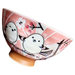 日本进口美浓烧陶瓷釉下彩餐具可爱俏皮绿粉萌物雀鸟小鸟小碗饭碗