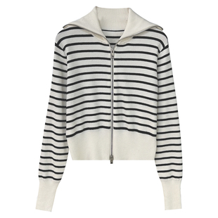 黑白条纹双拉链针织开衫女2026早春新款短款海军翻领毛衣外套上衣