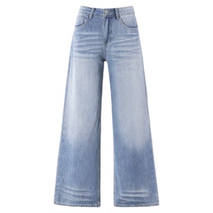 浅蓝色复古水洗阔腿牛仔裤女2026春季新款高腰显瘦宽松垂感直筒裤