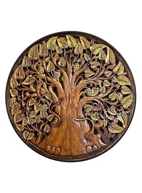 东南亚菩提树玄关装饰画泰式入户圆形挂画金色发财树走廊过道壁画