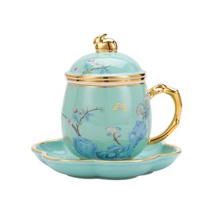高淳陶瓷茶杯茶具水杯家用办公茶水杯手工描金滤茶带盖杯礼品盒装