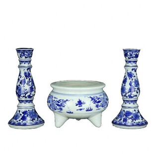 景德镇青花瓷香炉烛台套装竹签棉芯两用双龙寿比南山中式风格摆件