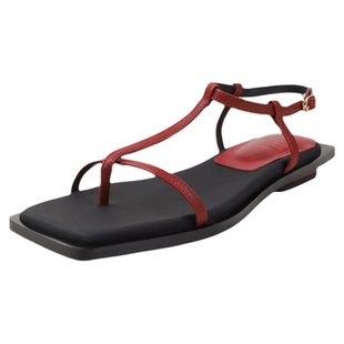 简约设计 Literary真皮头层牛皮方头凉鞋女夏季罗马风一字扣凉鞋